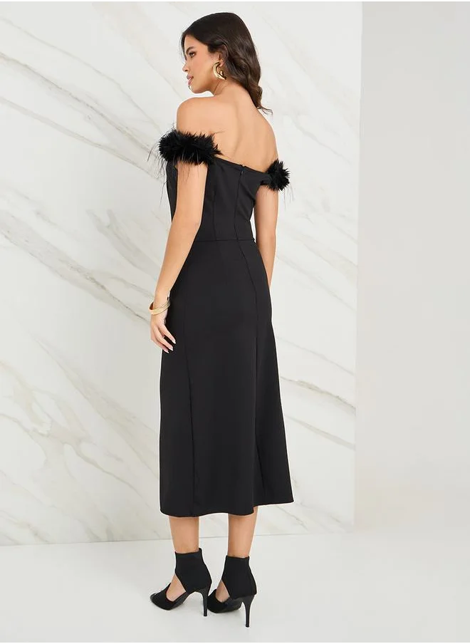 Styli Off Shoulder Faux Fur Trim Midi Dress