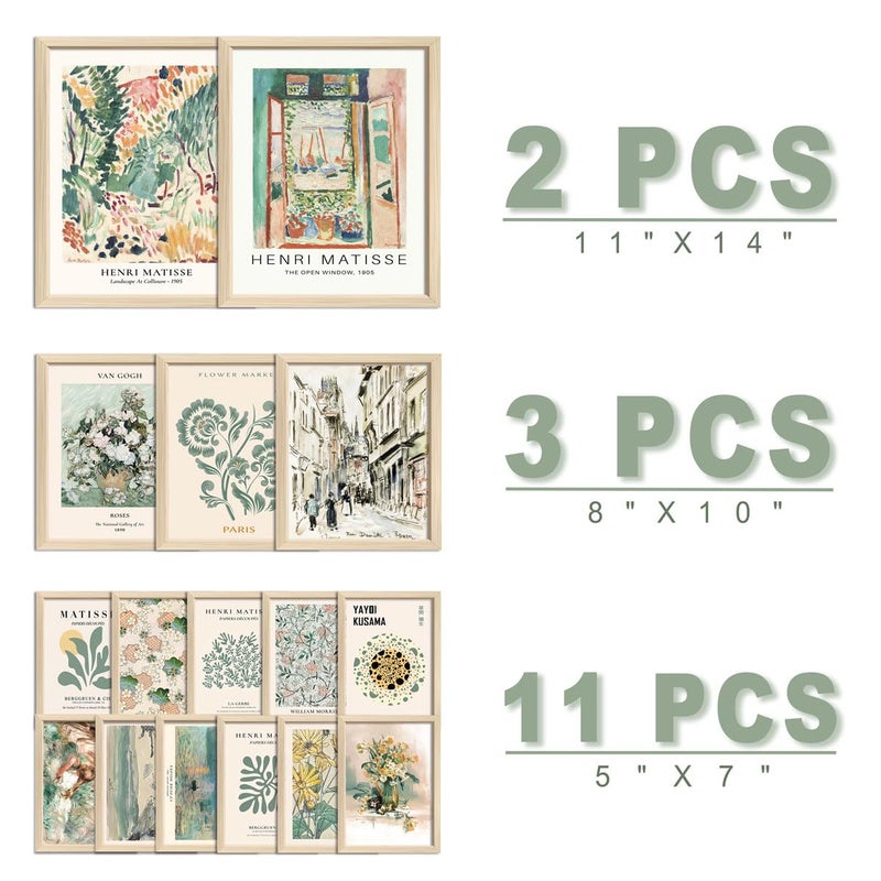 ANERZA 16 PCS Framed Sage Green Wall Art Decor, Matisse Wall Prints for Bedroom, Gallery Wall Frame Set, Abstract Posters for Living Room Aesthetic, Collage Kit Pictures, Boho Dorm Home Decor - Image 2