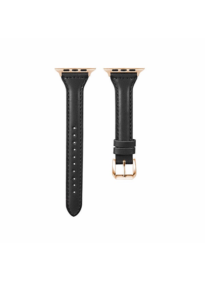 O Ozone Slim Leather Bands For Apple Watch Series 10 9 8 7 6 5 4 SE 38/40/41/42mm Top Grain Thin Leather Wristband - Black  - Image 1