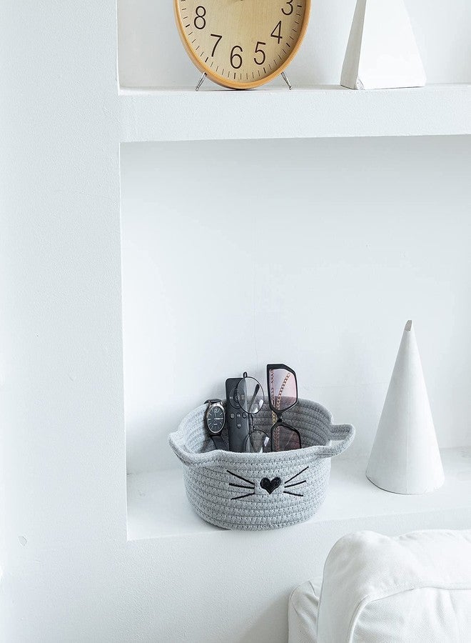 ALBY ☆LBY® Small Woven Basket Cotton Rope Basket with Cat Ears Little Storage Baskets for Organizing Bins Organizer Wicker Nursery Room for Kids Baby Dog Toy Drawer Gifts 9.5"x8.5"x4", (grey) - Image 2