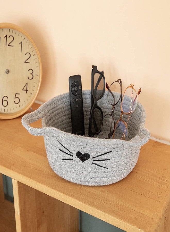ALBY ☆LBY® Small Woven Basket Cotton Rope Basket with Cat Ears Little Storage Baskets for Organizing Bins Organizer Wicker Nursery Room for Kids Baby Dog Toy Drawer Gifts 9.5"x8.5"x4", (grey) - Image 4