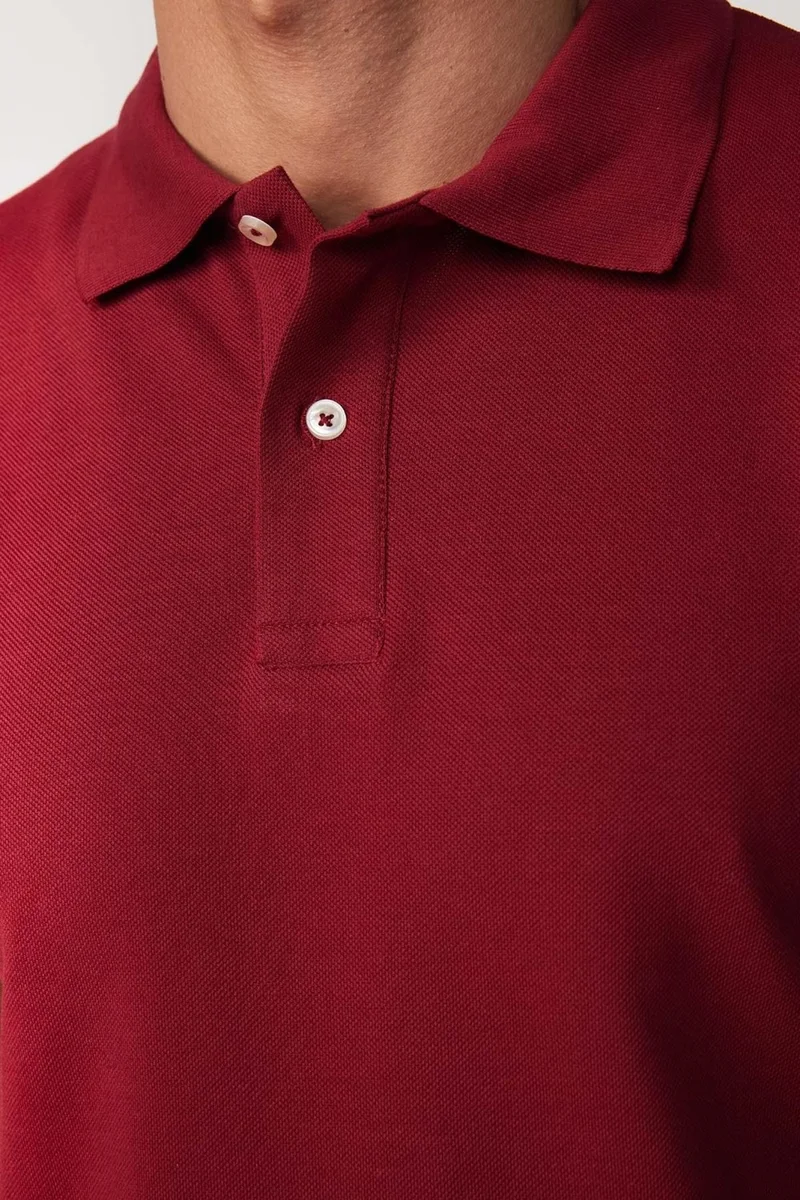 تودورس Men's Slim Fit Narrow Cut Cotton Plain Pique Claret Red Polo Collar T-Shirt