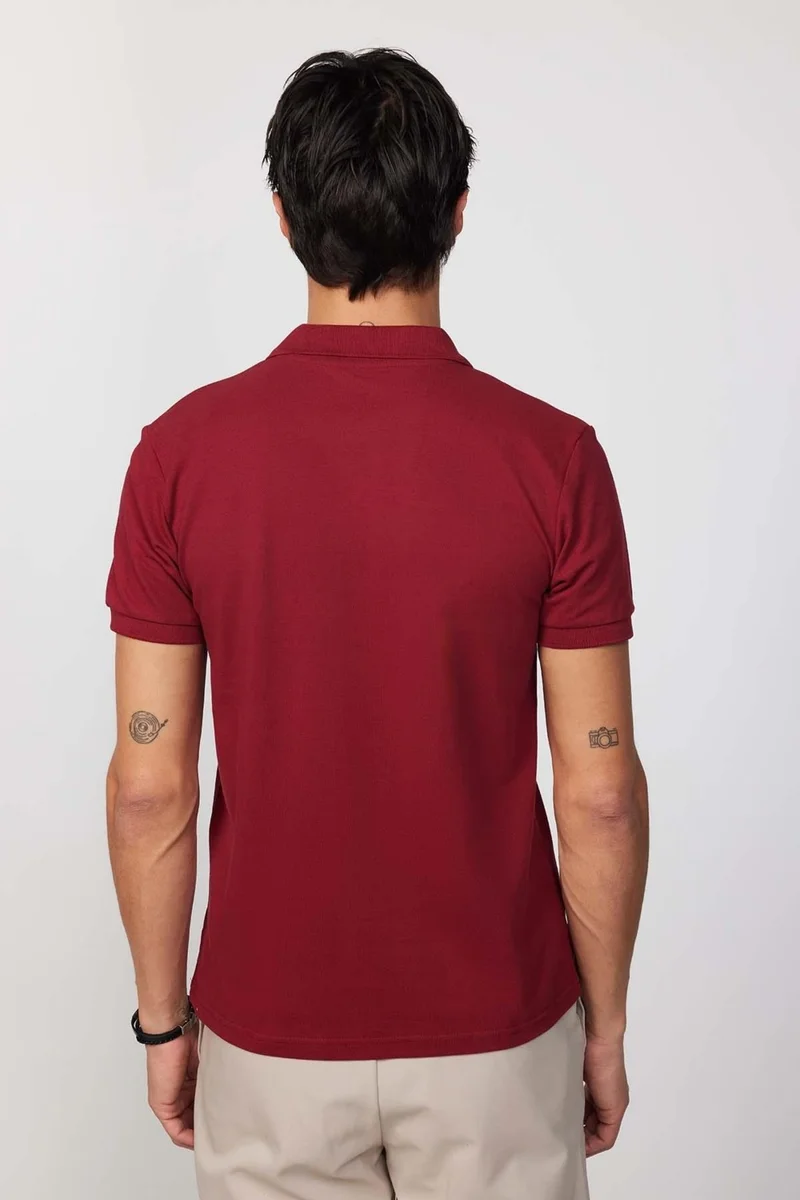 تودورس Men's Slim Fit Narrow Cut Cotton Plain Pique Claret Red Polo Collar T-Shirt
