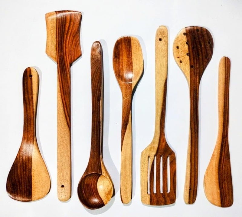 Flavoma Natural Sheesham Wood Spoon Set of 7 Handmade Cooking Spoon Set Wooden for Nonstick Cookware Kitchen Utensils Kitchen Utensils Frying Spoon Ladles Turning Spatula - Image 1