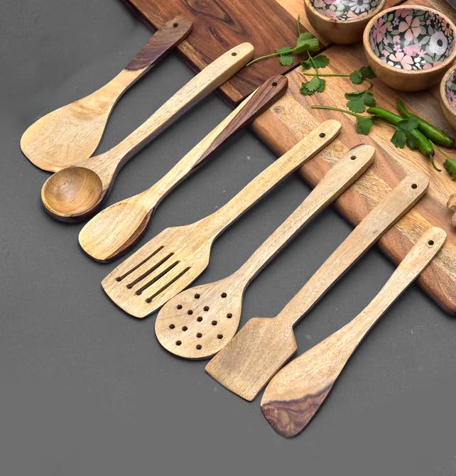 Flavoma Natural Sheesham Wood Spoon Set of 7 Handmade Cooking Spoon Set Wooden for Nonstick Cookware Kitchen Utensils Kitchen Utensils Frying Spoon Ladles Turning Spatula - Image 2