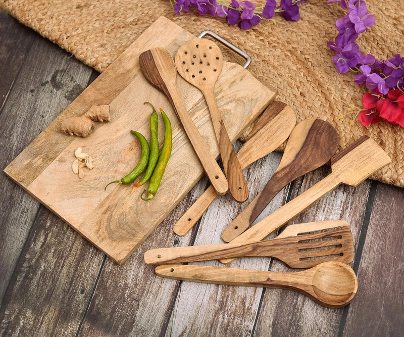 Flavoma Natural Sheesham Wood Spoon Set of 7 Handmade Cooking Spoon Set Wooden for Nonstick Cookware Kitchen Utensils Kitchen Utensils Frying Spoon Ladles Turning Spatula - Image 4