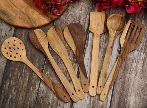 Flavoma Natural Sheesham Wood Spoon Set of 7 Handmade Cooking Spoon Set Wooden for Nonstick Cookware Kitchen Utensils Kitchen Utensils Frying Spoon Ladles Turning Spatula - Image 3