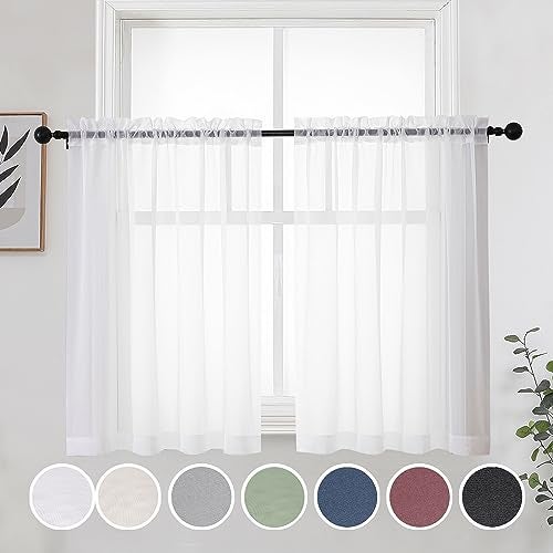 OWENIE Short White Sheer Curtains 36 Inches 2 Panels Set - Kitchen Tiers Valances Curtains Light Filter Rod Pocket Voile Cafe Curtains for Kitchen Bathroom Small Half Window, 42 in W x 36 in L - Image 1