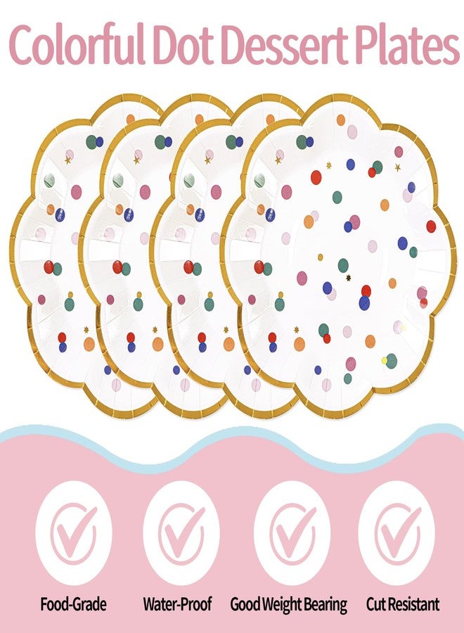 HFBOBP 50pcs Colorful Dot Party Plates, 7inch Gold Foild Happy Birthday Paper Dessert Cake Plates Rainbow Polka Dots Disposable Pastel Boho Tableware Set for Baby Shower Wedding Party Supplies Decorations - Image 4