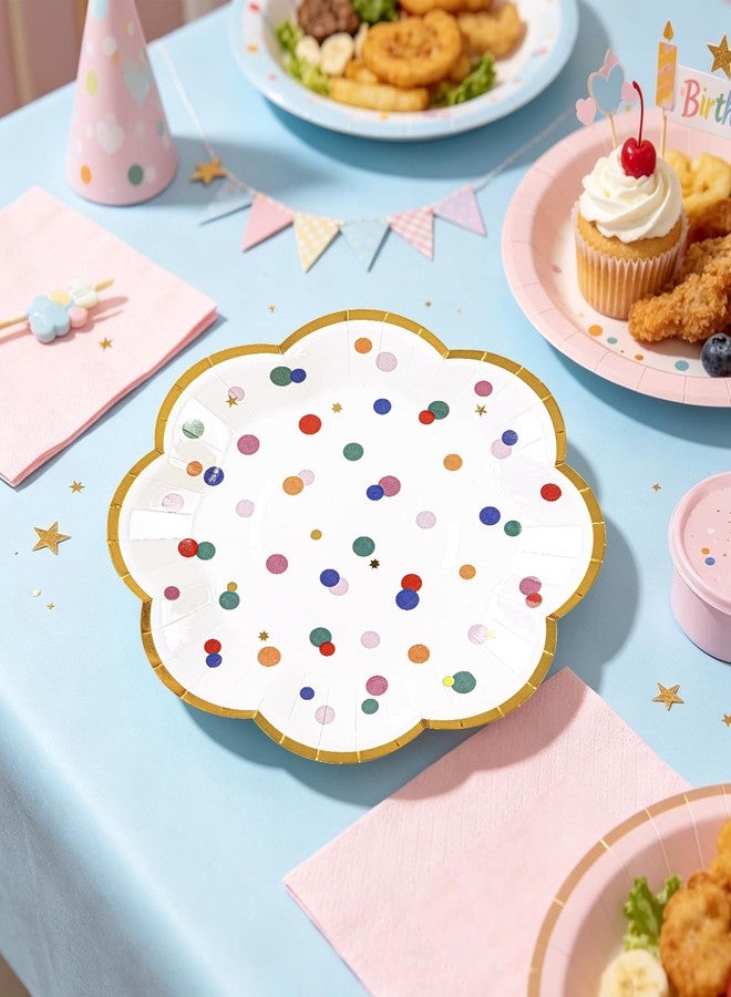 HFBOBP 50pcs Colorful Dot Party Plates, 7inch Gold Foild Happy Birthday Paper Dessert Cake Plates Rainbow Polka Dots Disposable Pastel Boho Tableware Set for Baby Shower Wedding Party Supplies Decorations - Image 5