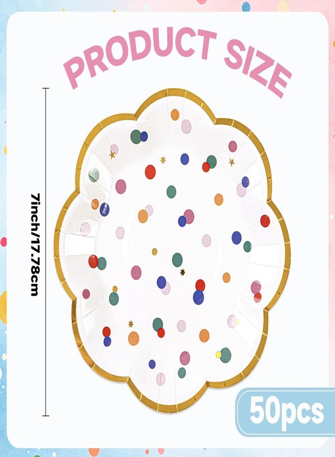 HFBOBP 50pcs Colorful Dot Party Plates, 7inch Gold Foild Happy Birthday Paper Dessert Cake Plates Rainbow Polka Dots Disposable Pastel Boho Tableware Set for Baby Shower Wedding Party Supplies Decorations - Image 3