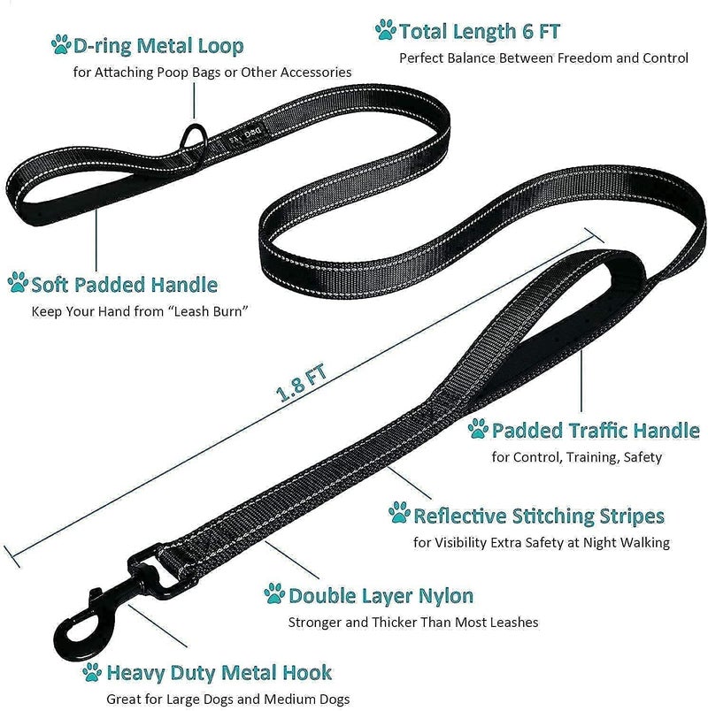 Milcraft Dog Leash 6ft Long - Traffic Padded Two Handle - Heavy Duty - Double Handles Lead for Training Control - 2 Handle Nylon Leashes for Large Dogs or Medium Dogs - Reflective Leash Dual Handle (Black) - Image 2
