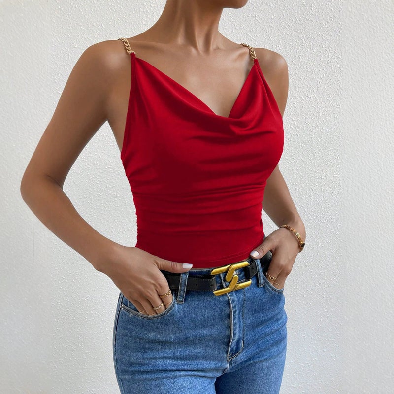 Women's Red Camisole Top, Slim Fit, Off-Shoulder, Short Length - Image 4