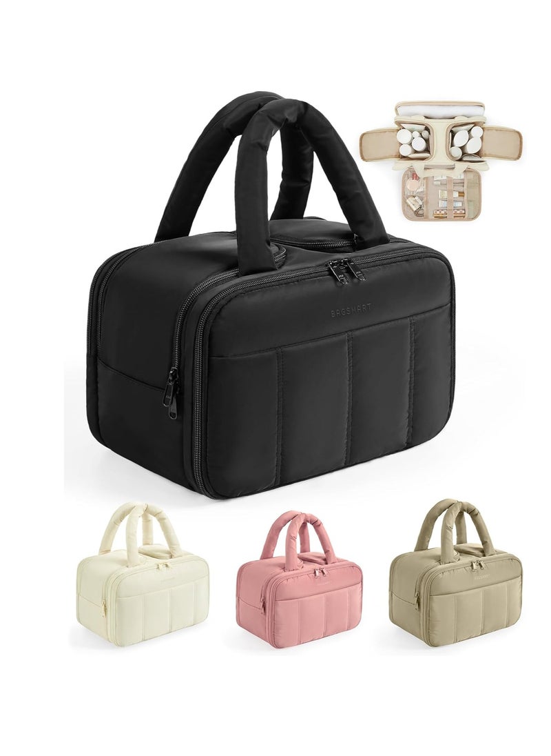 BAGSMART BAGSMART Travel Toiletry Bag, Puffy Large Toiletry Bag for Women, Lightweight Cosmetic Makeup Bag Organizer with Handle for Traveling, Accessories, Essentials, Toiletries (Black)  - Image 1