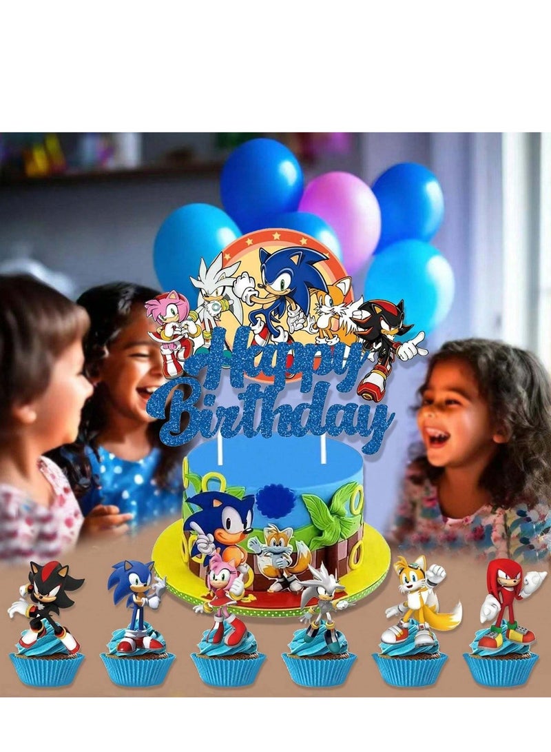 50 Pcs Sonic Theme Birthday Decoration Balloon Set for Boys and Girls, Happy Birthday Banner, Latex Balloons, Cake Toppers, Hanging Spiral for Kids' Cartoon Theme Party Supplies  - Image 3