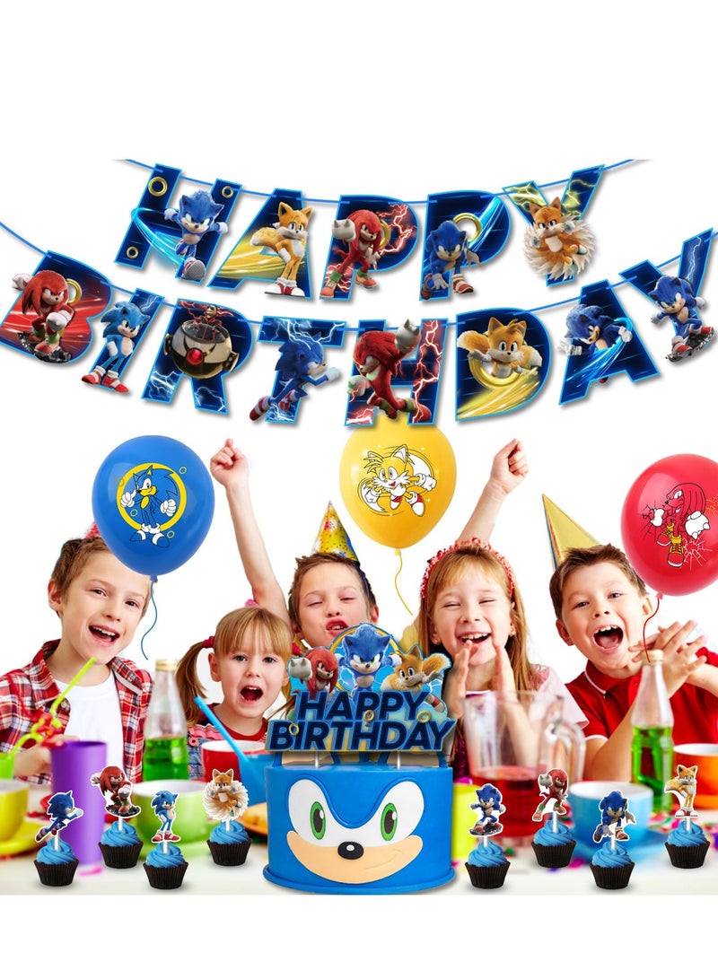 50 Pcs Sonic Theme Birthday Decoration Balloon Set for Boys and Girls, Happy Birthday Banner, Latex Balloons, Cake Toppers, Hanging Spiral for Kids' Cartoon Theme Party Supplies  - Image 5