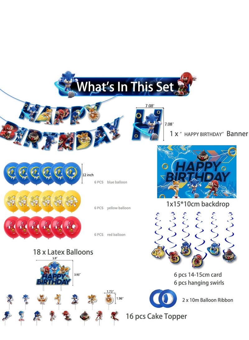 50 Pcs Sonic Theme Birthday Decoration Balloon Set for Boys and Girls, Happy Birthday Banner, Latex Balloons, Cake Toppers, Hanging Spiral for Kids' Cartoon Theme Party Supplies  - Image 4