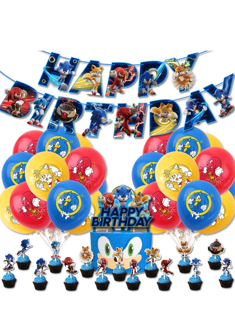 50 Pcs Sonic Theme Birthday Decoration Balloon Set for Boys and Girls, Happy Birthday Banner, Latex Balloons, Cake Toppers, Hanging Spiral for Kids' Cartoon Theme Party Supplies  - Image 1