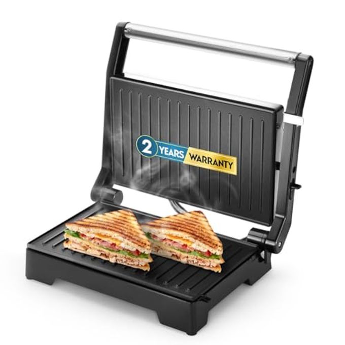 LONGWAY Crisp Master 1000 W Multipurpose 180 Electric Grill Sandwich Maker | Auto Cut-Off | Non-stick Coating Cast Aluminum Plates | Adjustable Height Control & Floating Hinges Metallic Silver - Image 1
