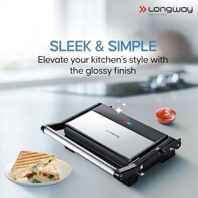 LONGWAY Crisp Master 1000 W Multipurpose 180 Electric Grill Sandwich Maker | Auto Cut-Off | Non-stick Coating Cast Aluminum Plates | Adjustable Height Control & Floating Hinges Metallic Silver - Image 2