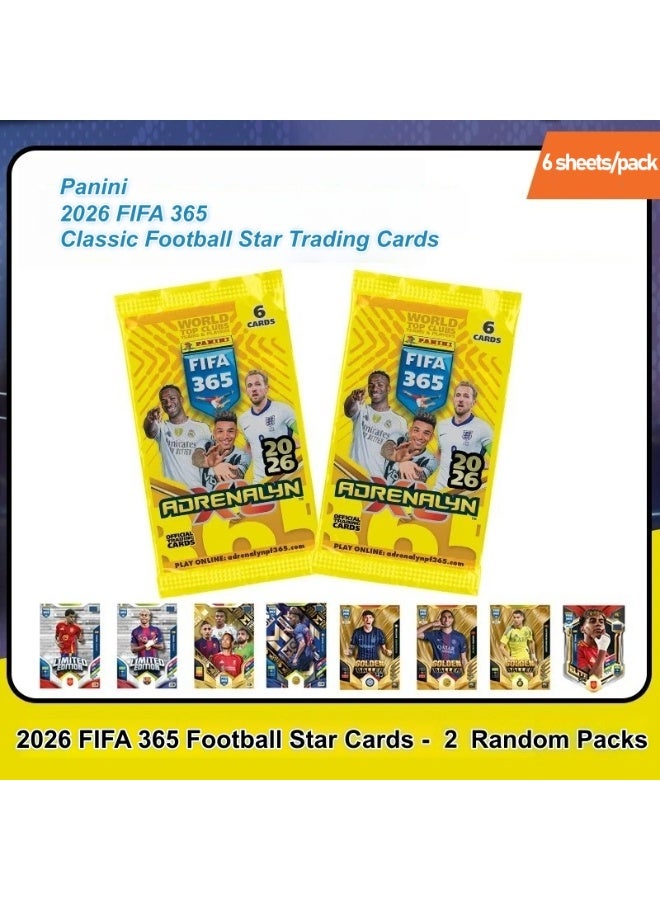 2-PACKS 2026 FIFA 365 Adrenalyn Football Trading Card Packs, 6 Cards Per Pack, Official Sports Star Collectible Cards, Random Booster Packs for Fans & Collectors