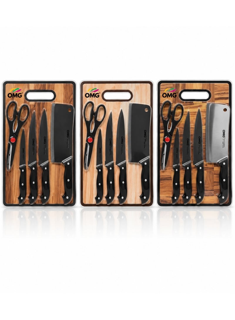 OMG 6-Piece Kitchen Knife Set with Cutting Board & Scissors Stainless Steel Chef Knife Set Black - Image 4