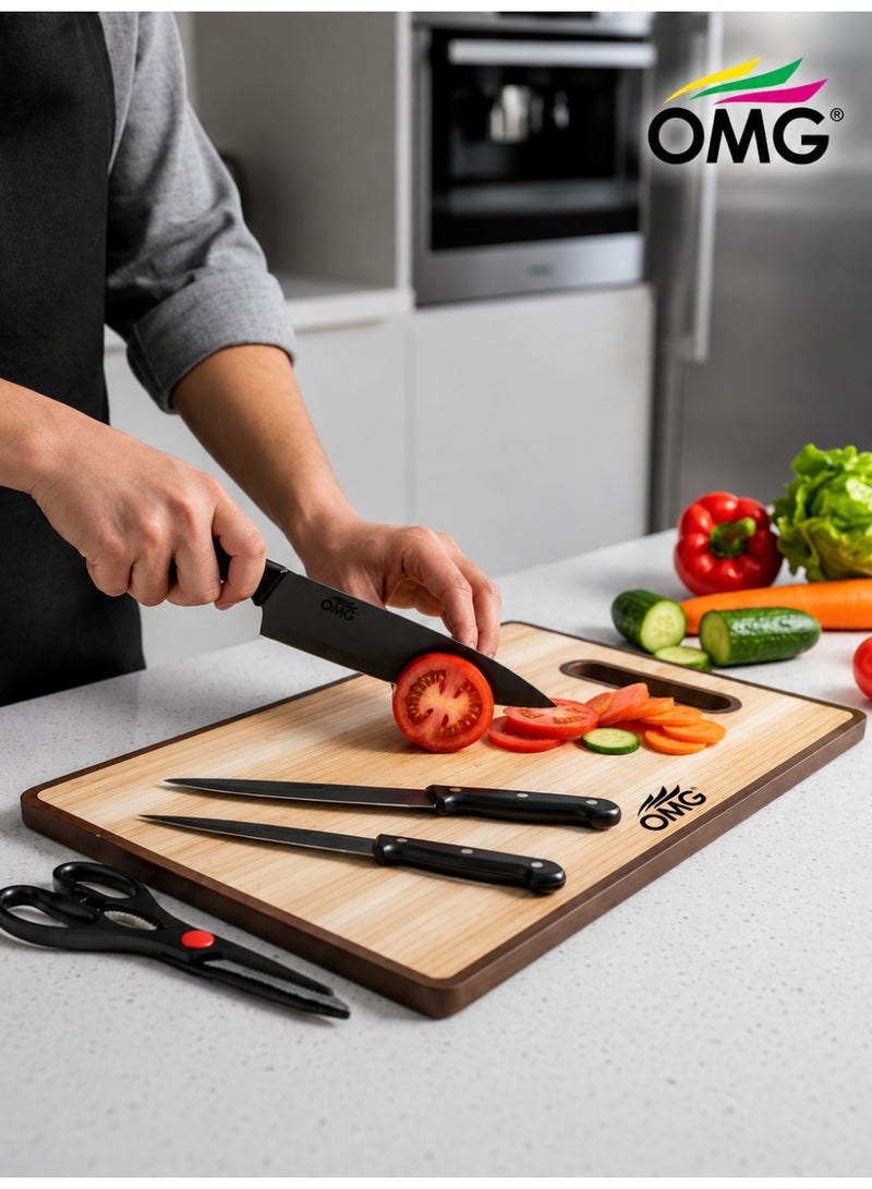 OMG 6-Piece Kitchen Knife Set with Cutting Board & Scissors Stainless Steel Chef Knife Set Black - Image 5
