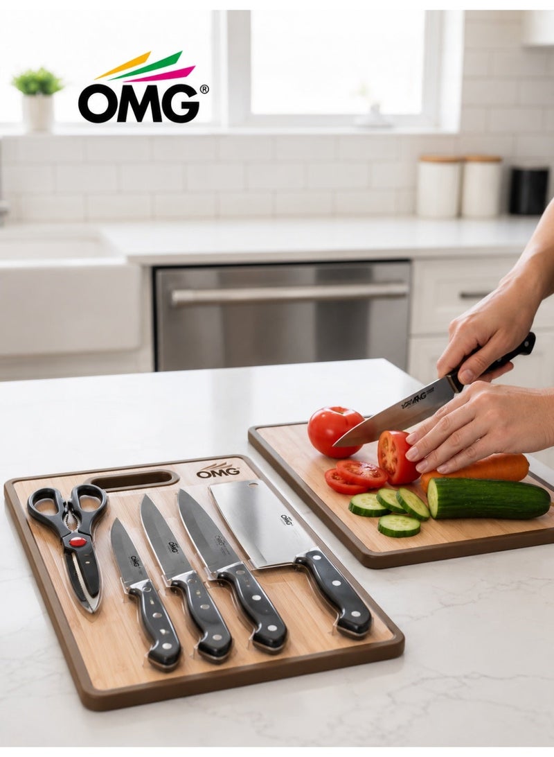 OMG 6-Piece Kitchen Knife Set with Cutting Board & Scissors Stainless Steel Chef Knife Set Black - Image 2