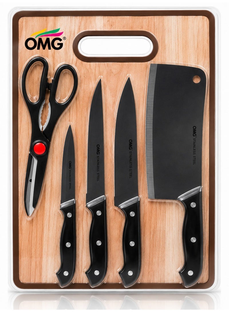 OMG 6-Piece Kitchen Knife Set with Cutting Board & Scissors Stainless Steel Chef Knife Set Black - Image 1