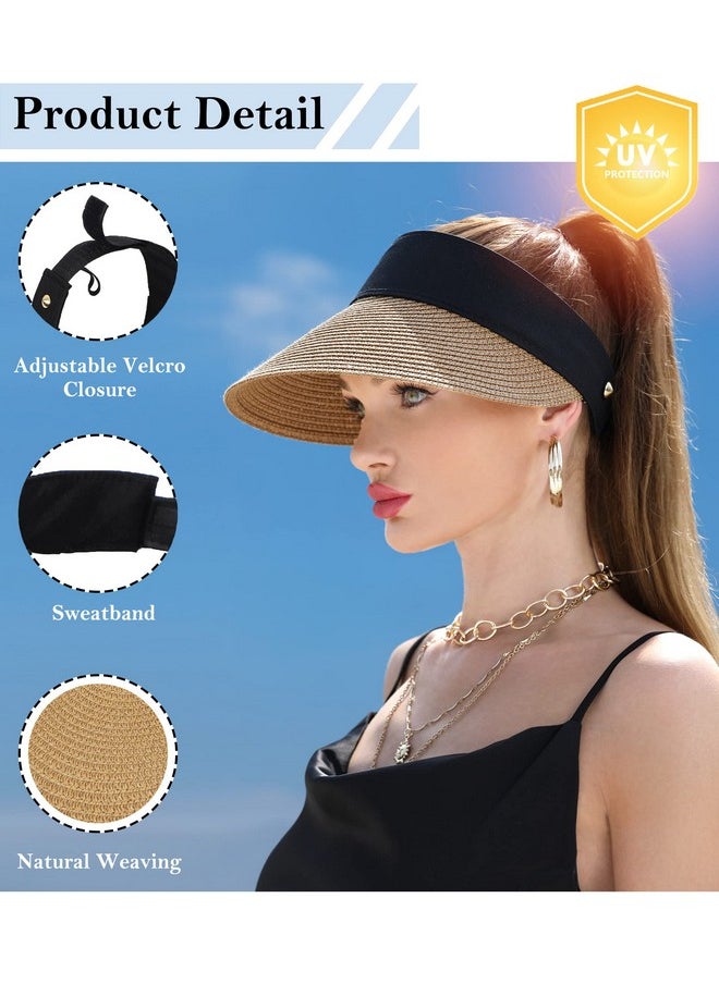 LA CARRIE - Women Wide Brim Straw Visor Sun Hat Uv Protection Packable Beach Cap For Summer Upf 50+(Khaki) - Image 1