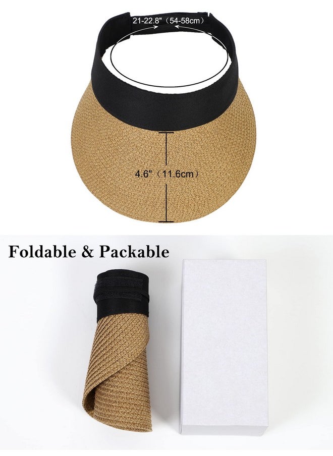 LA CARRIE - Women Wide Brim Straw Visor Sun Hat Uv Protection Packable Beach Cap For Summer Upf 50+(Khaki) - Image 1