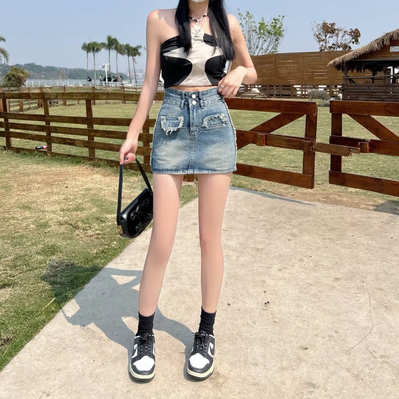 Girl Black Denim Short Skirt Women'S Summer 2023 New High Waist Slimming A- Line Plus Size Anti-Exposure Skirt Culottes - Image 2