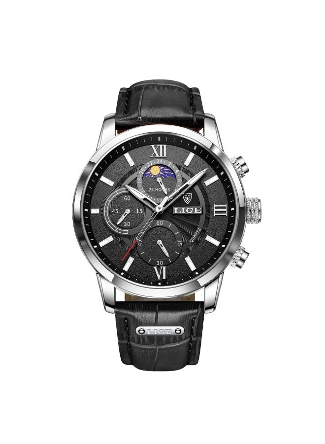 لييج ساعات رجالية مقاومة للماء، ساعة كوارتز تناظرية مناسبة للأعمال مع حزام جلدي فاخر باللونين الفضي والأسود.