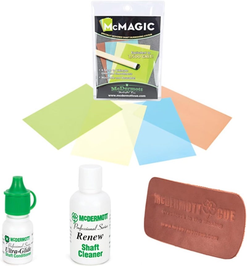 Billiards Pool Cue Shafts Maintenance Kit McMagic Micro Burnishing Papers + Ultra-Glide Shaft Conditioner + Renew Shaft Cleaner + Leather Pad Shaft Conditioner
