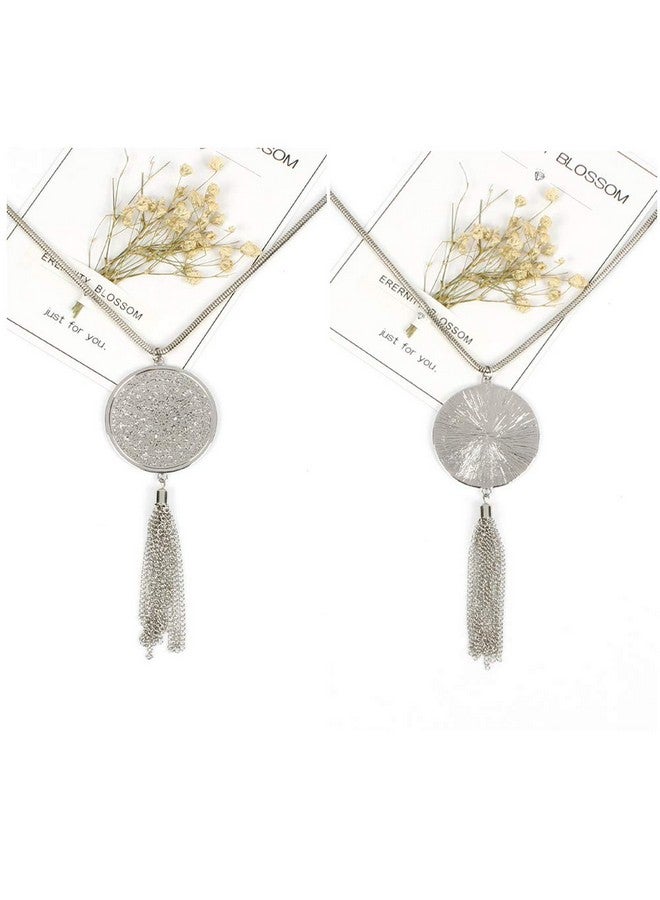SEVENSTONE 3Pcs Long Pendant Necklaces For Women Knot Disk Circle Tassel Statement Sweater Silver Necklace Set - Image 4