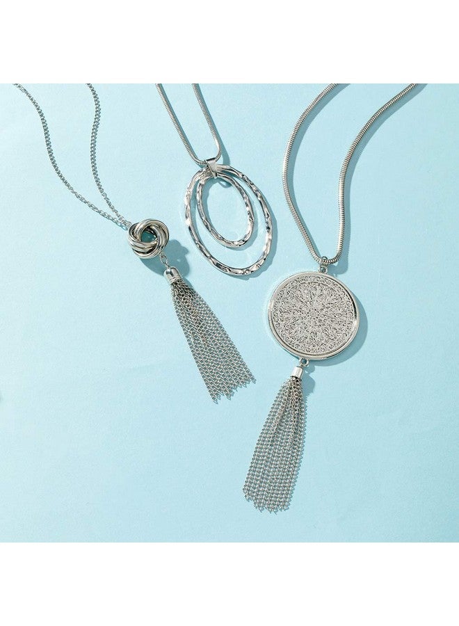 SEVENSTONE 3Pcs Long Pendant Necklaces For Women Knot Disk Circle Tassel Statement Sweater Silver Necklace Set - Image 3