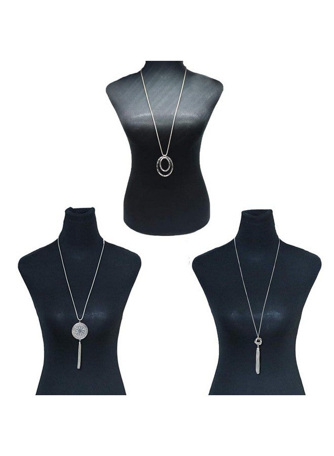SEVENSTONE 3Pcs Long Pendant Necklaces For Women Knot Disk Circle Tassel Statement Sweater Silver Necklace Set - Image 2