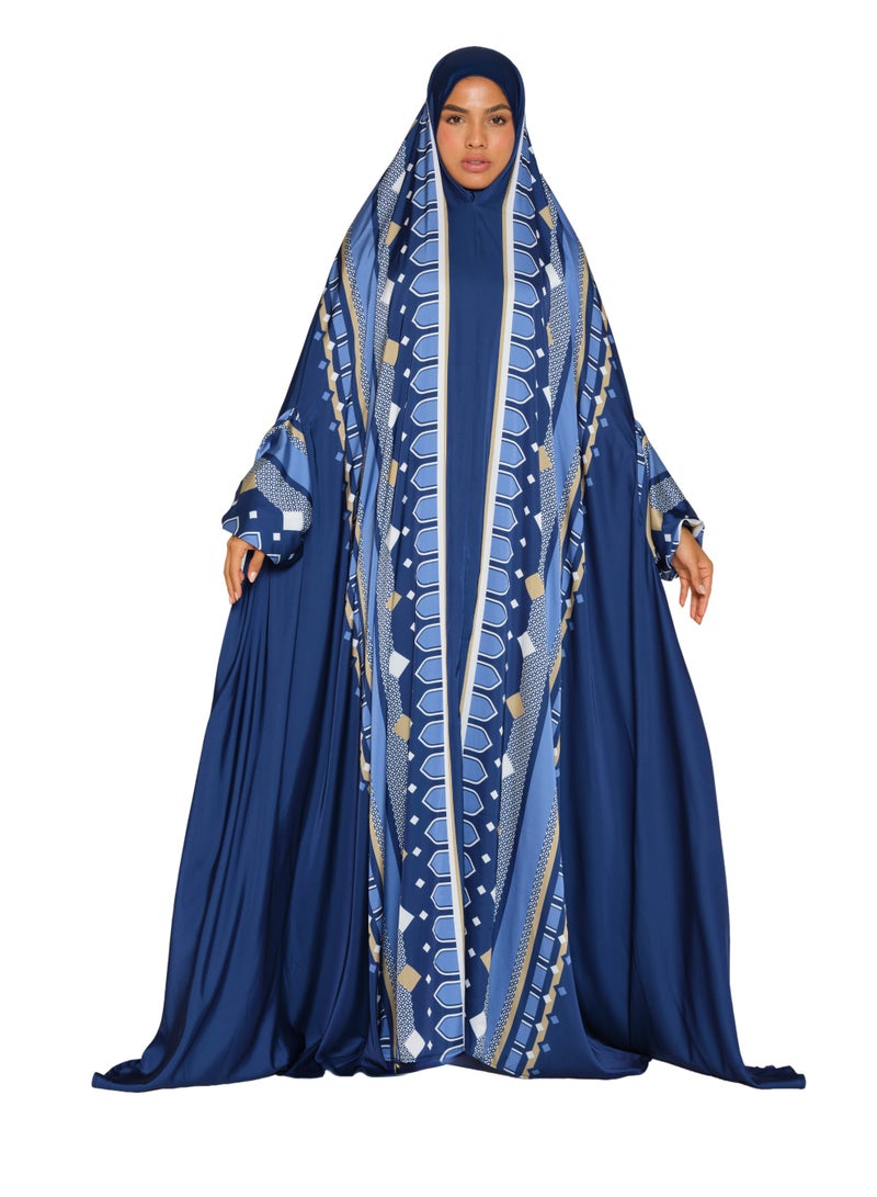 Sabr 'Jakarta' Prayer Dress With Travel Pouch, Navy - Image 1