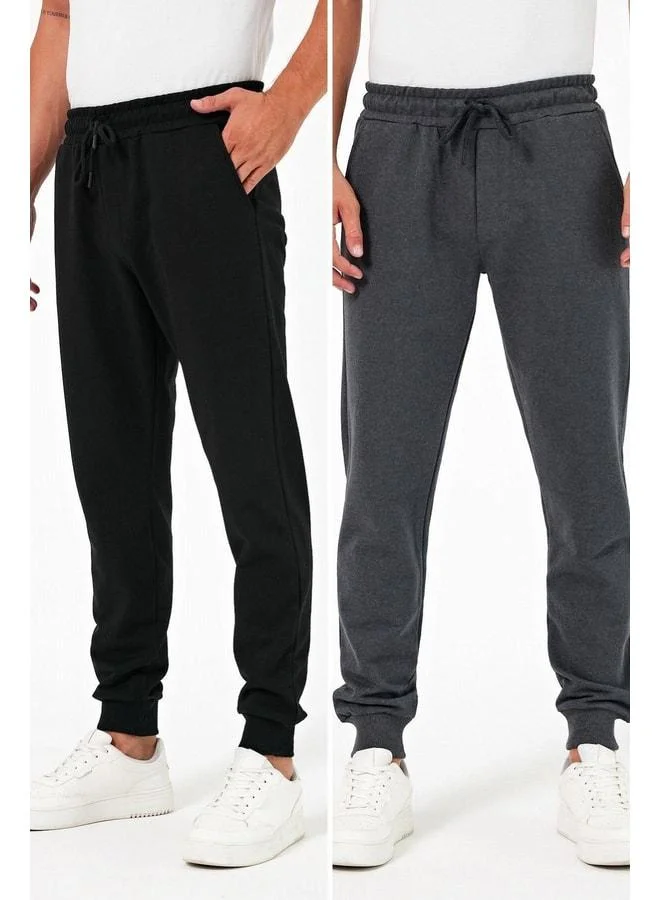 mmetalic Men's Thick Black-Anthracite 2-Pack Jogger Sweatpants with Back Pocket, Elastic Hem, Regular Fit, No Fleece Lining.