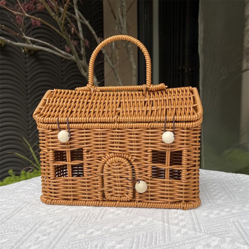 Rattan House Shape Storage Basket with Lid Small Doll House Decorative Hand Woven Shelf Organizer with Handle Natural Harvest Wicker Basket for Picnics Organizing Storage B 1
