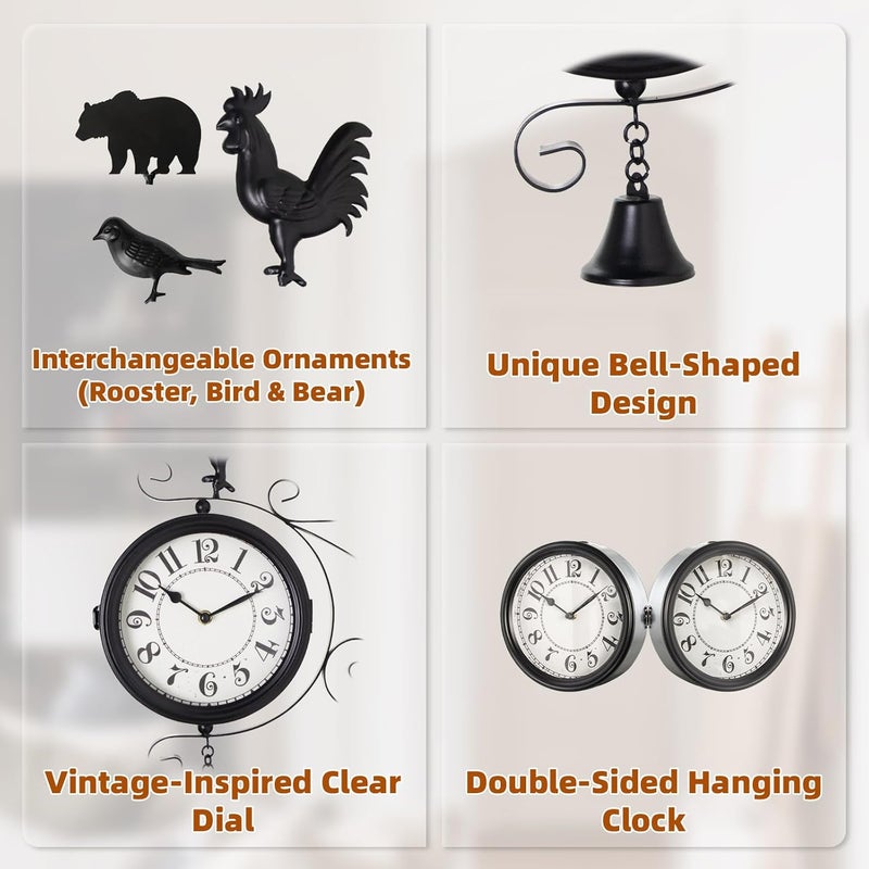 MACVAD Outdoor Post Clock with Interchangeable Rooster Bird and Bear Accessories, Double-Sided Hanging Farmhouse Iron Clock with Bell for Outdoor Garden Porch and Indoor Decor 13x18 - Image 3