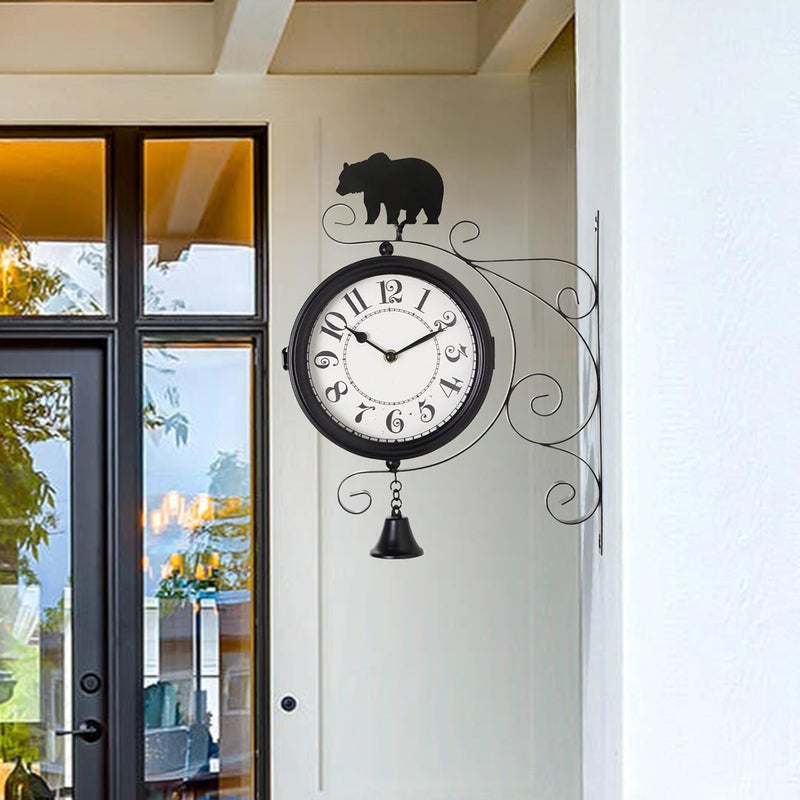 MACVAD Outdoor Post Clock with Interchangeable Rooster Bird and Bear Accessories, Double-Sided Hanging Farmhouse Iron Clock with Bell for Outdoor Garden Porch and Indoor Decor 13x18 - Image 4
