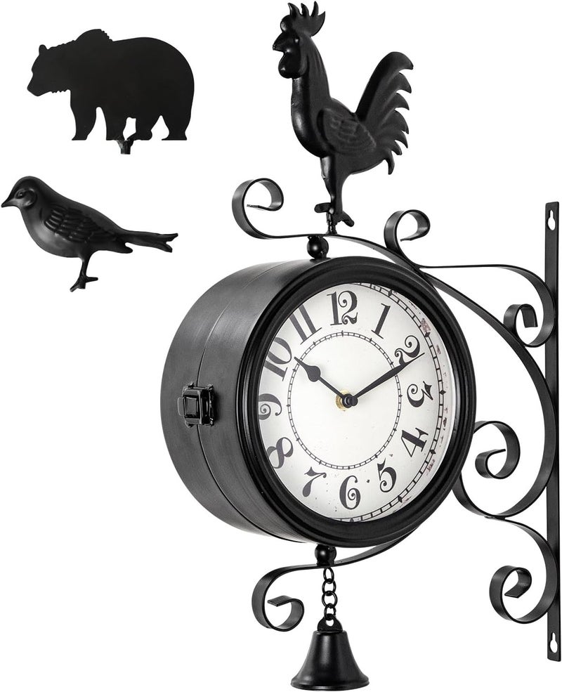 MACVAD Outdoor Post Clock with Interchangeable Rooster Bird and Bear Accessories, Double-Sided Hanging Farmhouse Iron Clock with Bell for Outdoor Garden Porch and Indoor Decor 13x18 - Image 1