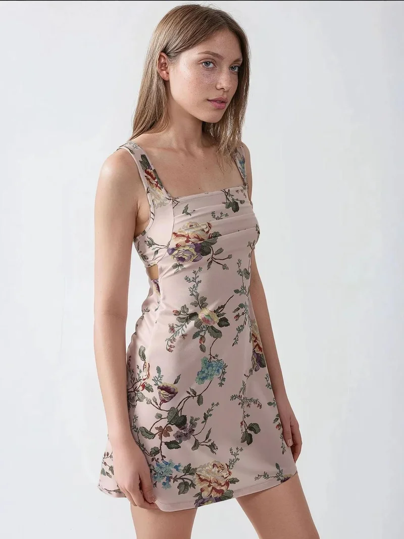 HICCUP Powder Pink Printed Bodycon Mini Dress with Square Collar for Women | Best Price UAE