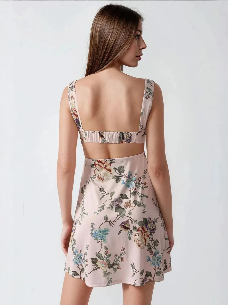 HICCUP Powder Pink Printed Bodycon Mini Dress with Square Collar for Women | Best Price UAE