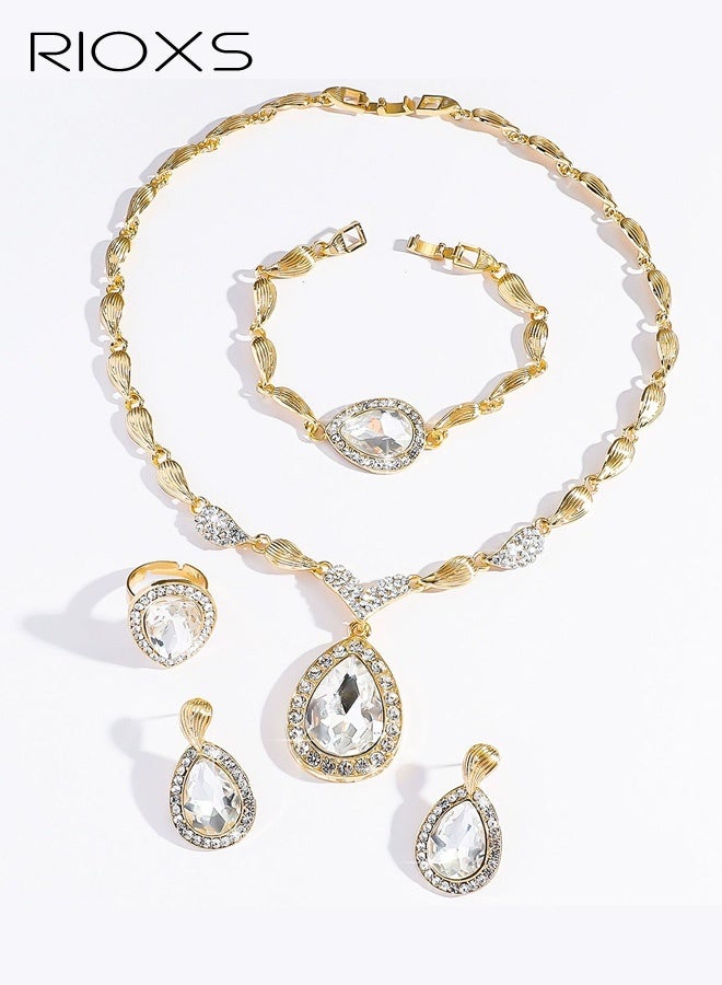 RIOXS 4 Pcs Rhinestone Gold Plated Jewelry Set, Golden Crystal Rhinestones Teardrop Cluster Bib Statement Necklace Link Bracelet Dangle Earrings and Ring, Sparkly Africa Formal Costume Jewelry Set for Mom, Girlfriend, Sister and Your Loved - Image 5
