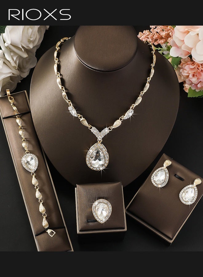 RIOXS 4 Pcs Rhinestone Gold Plated Jewelry Set, Golden Crystal Rhinestones Teardrop Cluster Bib Statement Necklace Link Bracelet Dangle Earrings and Ring, Sparkly Africa Formal Costume Jewelry Set for Mom, Girlfriend, Sister and Your Loved - Image 3
