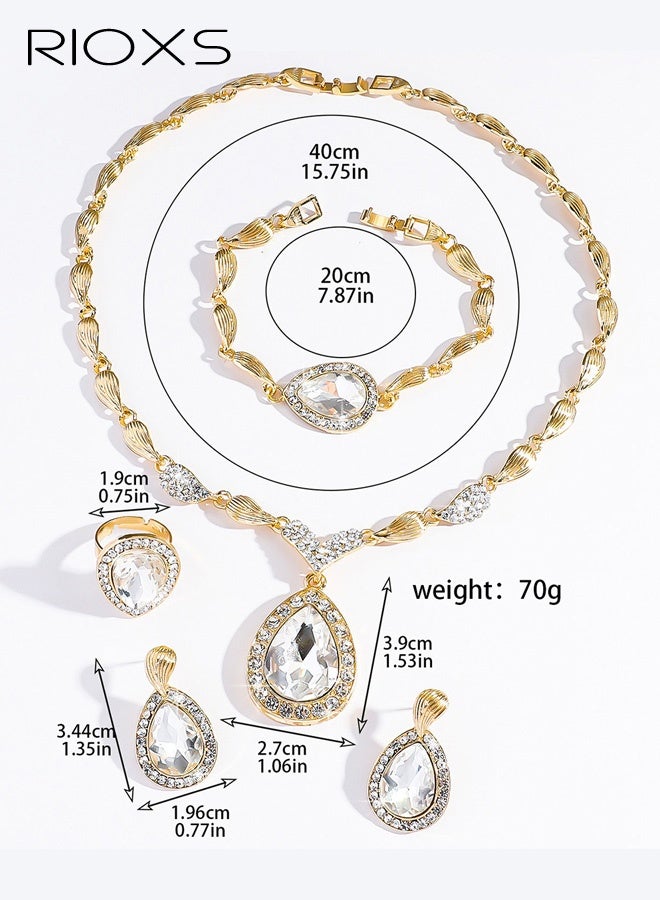 RIOXS 4 Pcs Rhinestone Gold Plated Jewelry Set, Golden Crystal Rhinestones Teardrop Cluster Bib Statement Necklace Link Bracelet Dangle Earrings and Ring, Sparkly Africa Formal Costume Jewelry Set for Mom, Girlfriend, Sister and Your Loved - Image 4