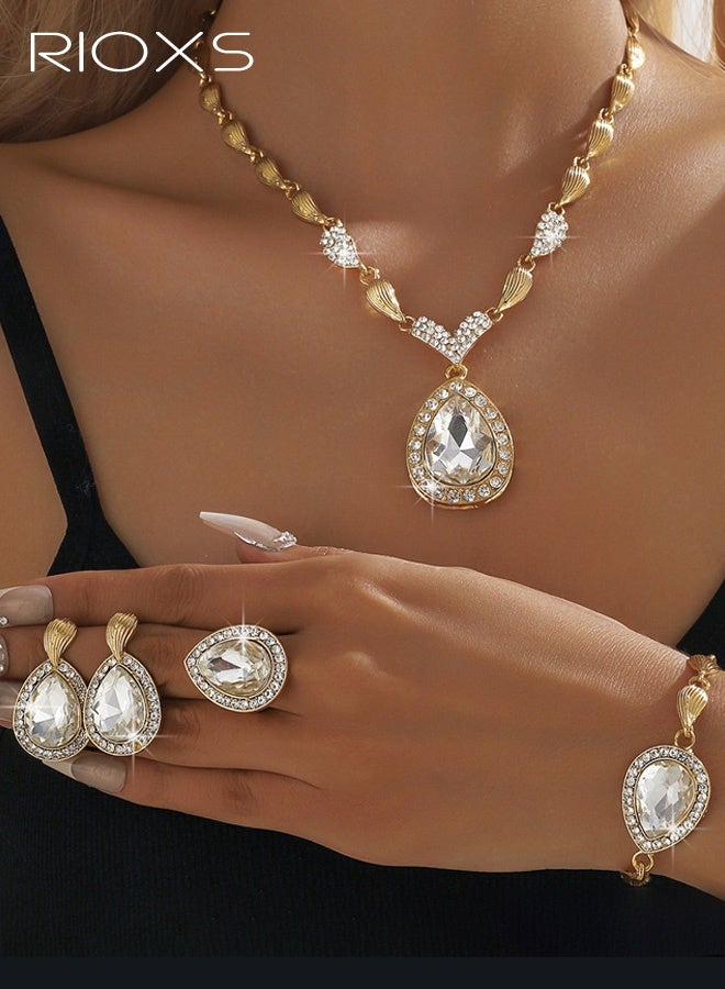 RIOXS 4 Pcs Rhinestone Gold Plated Jewelry Set, Golden Crystal Rhinestones Teardrop Cluster Bib Statement Necklace Link Bracelet Dangle Earrings and Ring, Sparkly Africa Formal Costume Jewelry Set for Mom, Girlfriend, Sister and Your Loved - Image 1