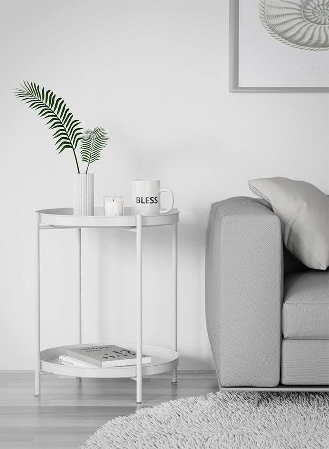 Aputue 2-Tier Round Side Table, Metal End Table with Removable Tray, Small Outdoor Table Accent Table, Anti-Rust Nightstand for Bedroom Balcony Patio (White) - Image 1